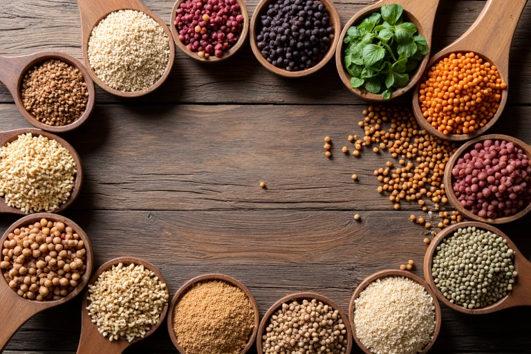 Mesa con diversos alimentos integrales y legumbres