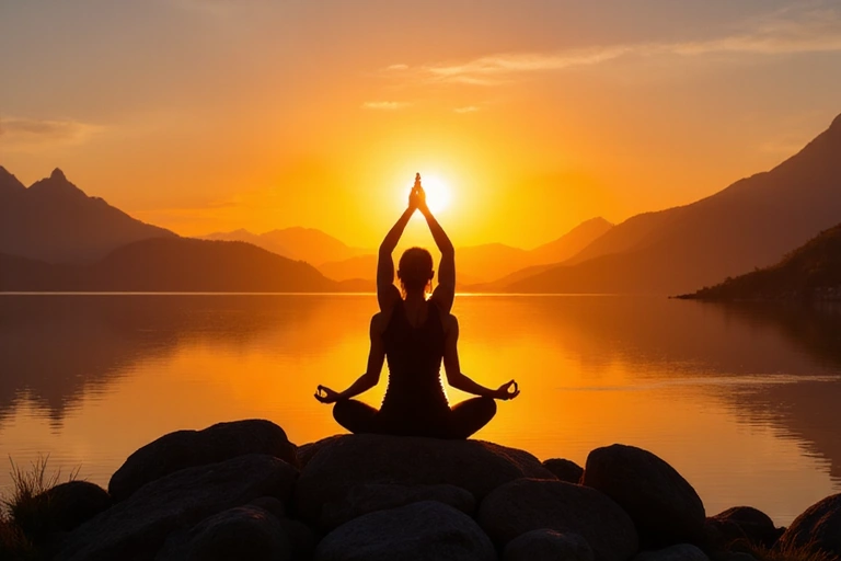 Persona haciendo yoga al amanecer