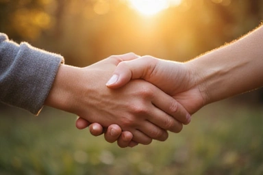 Dos manos unidas en un gesto de apoyo, con un fondo suave y cálido, simbolizando el apoyo continuo
