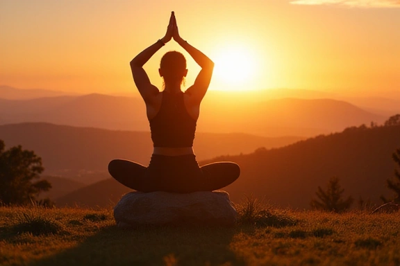 Mujer haciendo yoga al amanecer, simbolizando bienestar y ejercicio