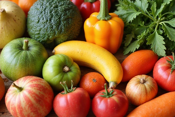 Variedad de frutas y verduras frescas en un mercado, simbolizando alimentos naturales