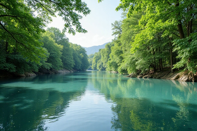 Paisaje tranquilo con vegetación exuberante y agua cristalina, simbolizando equilibrio y bienestar.