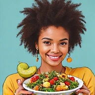 Ilustración de una persona comiendo comida saludable (después)