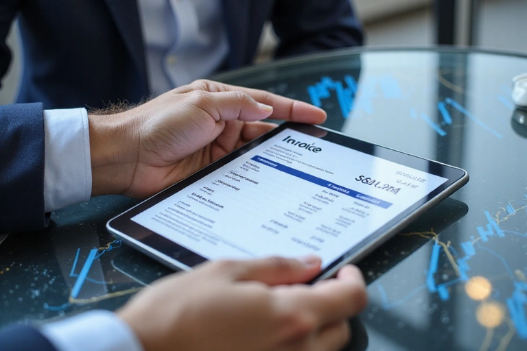 Persona revisando una factura en una tableta, simbolizando pagos y condiciones